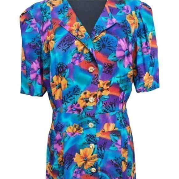 Vintage‎ Special Effects Tropical Floral Print Short Sleeve Dress Sz 16M - Picture 2 of 11